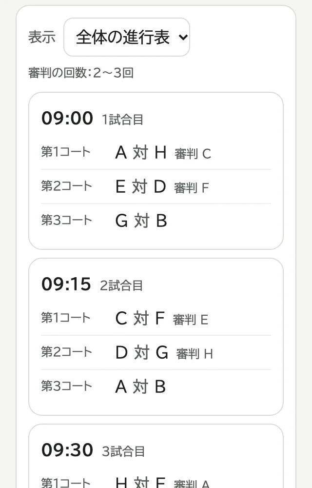 組み合わせ係の進行表の画面。09:00 から、第1〜第3コートの対戦と審判が並ぶ
