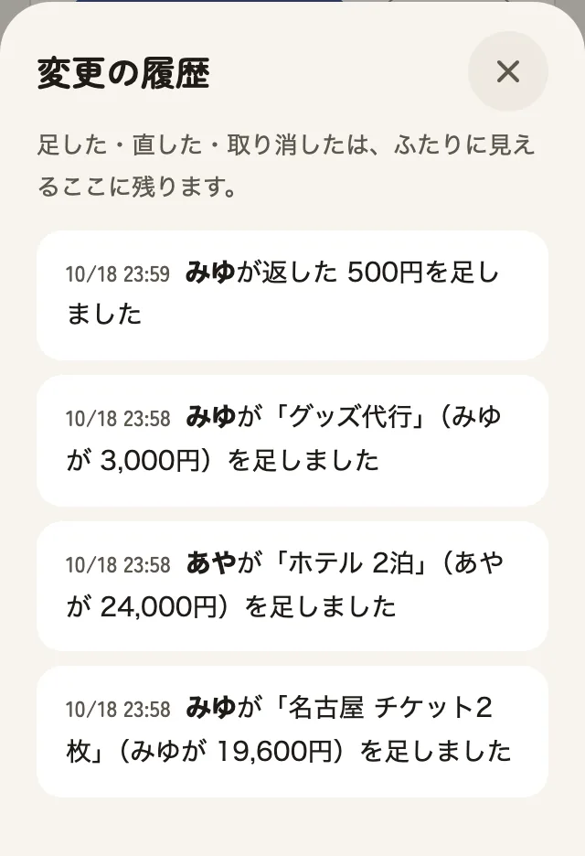 変更の履歴の画面。だれが何を足したかが日時つきで並ぶ